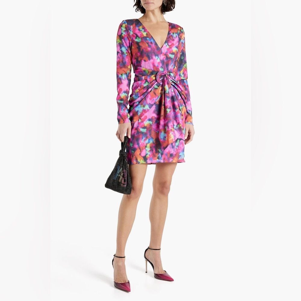 ONE33 SOCIAL Cutout V-NECK  printed crepe fuschia multi  mini dress S 6